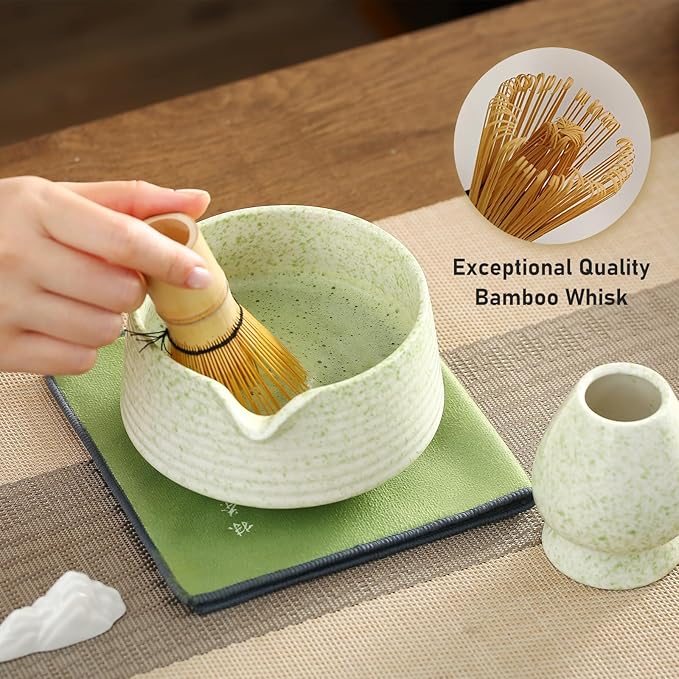 Matcha Whisk Set, Ceramic Matcha Bowl with Spout, Bamboo Whisk, Scoop, Sifter, Holder, Tea Towel, 7-Piece Matcha Kit Set for Making Breakfast/Latte, Square Green, Large, Fusion Style