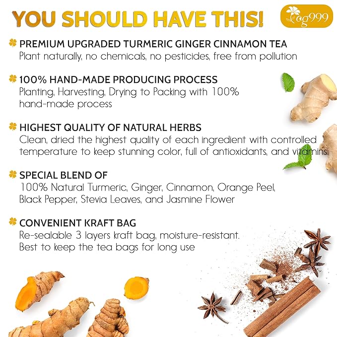 TOG999, 30 Bags Premium Turmeric Ginger Cinnamon Tea. Upgraded Version. Improve Digestion, Support Brain, Weight, Skin and Sleep. Eco-Conscious Tea Bags. No Sugar, No Caffeine, No Gluten, Vegan.
