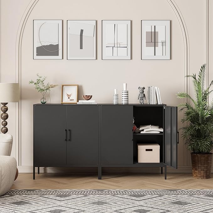 Metal Storage Cabinet with Adjustable Shelves, Steel Buffet Sideboard for Entryway, Living Room, Dining Room, Kitchen, Office, Bar (Black, 31.5" D x 15.75" W x 35.43" H)
