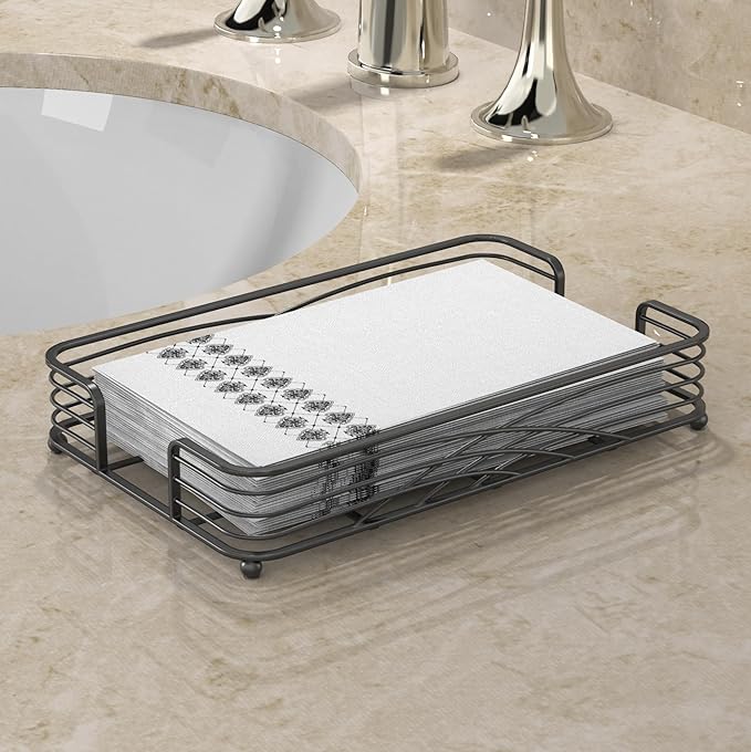 Black Guest Towel Holder Tray for Bathroom – Disposable Paper Hand Towel Holder, Rectangle Napkin Organizer for Powder Room, Modern Guest Napkin Holder for Bathroom Countertop Use