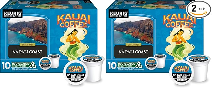 Kauai Coffee K-Cup Pods for Keurig Brewers – Arabica Coffee, 10% Hawaiian – Dark Roast, Nutty with Sweet Chocolate Overtones – Na Pali Coast, 2 Pack of 10 Single Serve K-Cups