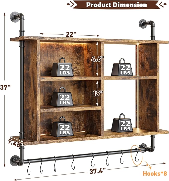 REIBII 4-Tier Industrial Pipe Shelving, 37.4" Kitchen Shelf with LED Light, Floating Shelves with 8 S-Hooks for Kitchen, Living Room, Home Office Bar, Rustic Brown