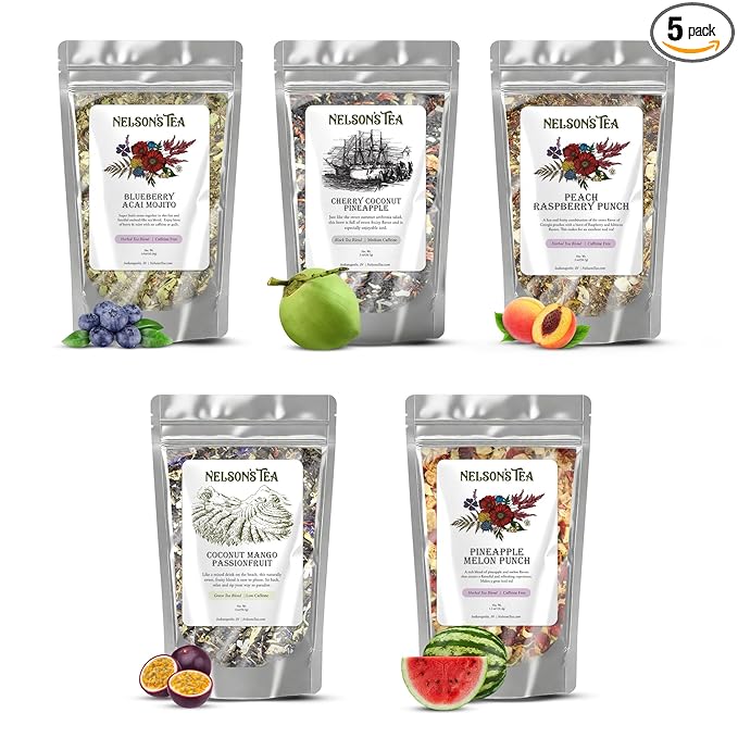 Nelson's Tea Tropical Samplers- 5 Flavors Pack - Blueberry Acai Mojito 1.6 Oz, Cherry Coconut Pineapple 2oz, Coconut Mango Passionfruit 2 Oz, Peach Raspberry Punch 2 Oz, Pineapple Melon Punch 1.1 Oz