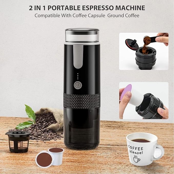 Portable Coffee Machine, Compact and Rechargeable, Extracts Delicious Pure Coffee, Compatible for Capsules and Ground Coffee, Easy to Use for Travel and More