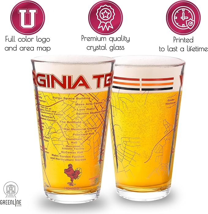 Greenline Goods – Virginia Tech University Hokies College Pint Beer Glasses (Set of 2), 16 oz – Full-Color Logo + Campus Map
