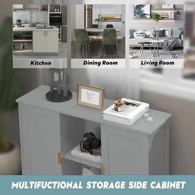 TaoHFE Grey Kitchen Pantry, Modern Wooden Small Credenza Sideboard Coffee Station, Storage Small Cabinet with Doors and Shelves for Kitchen