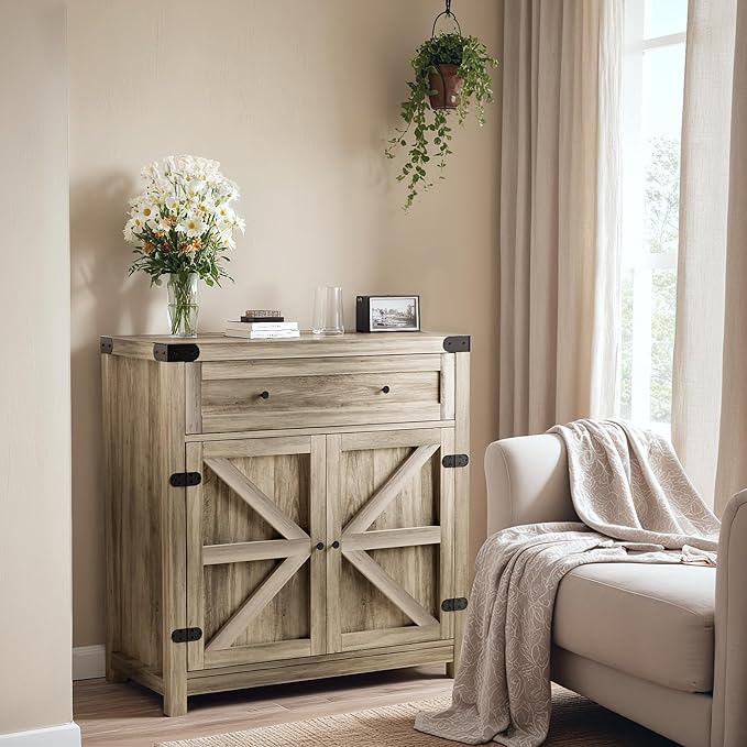YESHOMY Coffee Bar and Accent Cabinet, Farmhouse Barn Door Buffet Sideboard with Drawer and Adjustable Shelf, Wide Desktop for Kitchen, Dining Room, Bathroom, Entryway, Oak