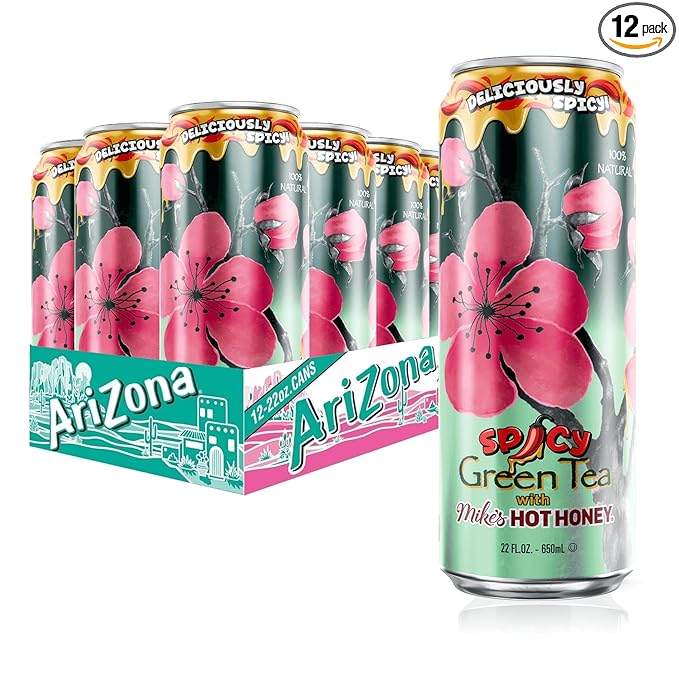 AriZona Spicy Green Tea with Mikes Hot Honey - Big Can, 22 Fl Oz (Pack of 12)