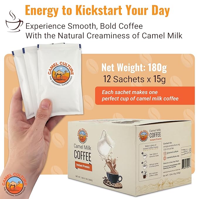 Camel Milk Instant Powdered Coffee Premix - 12 Single Serve Coffee Sachets – Nutrient-Rich Blend & Immune-Boosting Instant Coffee Powder – On-the-Go Convenience & Premium Healthy Beverage