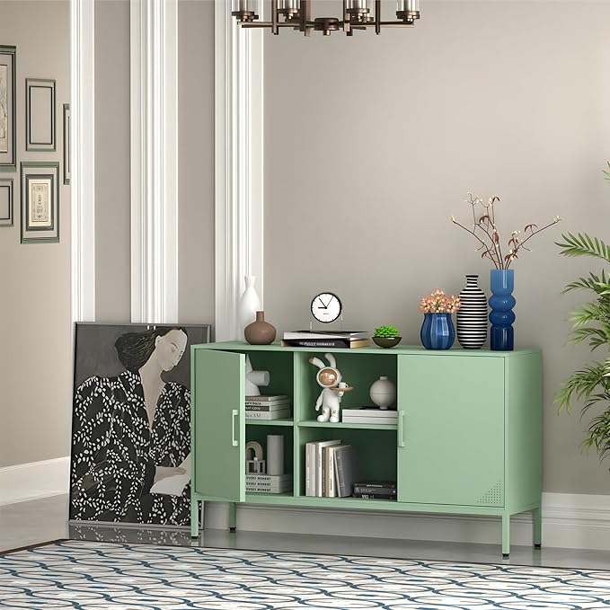 Metal TV Stand for 65 Inch TV, Metal Storage Cabinet Sideboard Buffet Cabinet Coffee Bar 2 Door Locker Pantry for Office Home Kitchen (Green, 47.24" D x 13.78" W x 29.53" H)