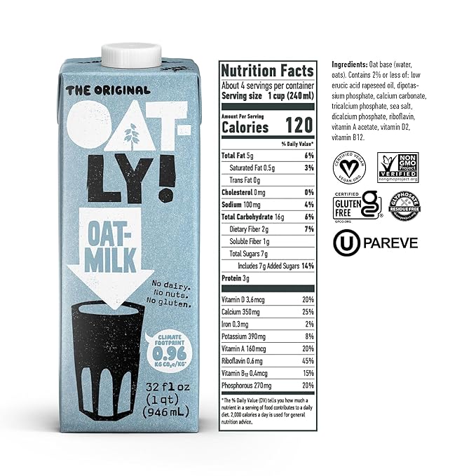 Oatly Original Oatmilk - Shelf-Stable, Creamy, Dairy-Free, Plant-Based Milk for Cereal, Smoothies, Baking & More (32 oz, 12-pack)