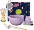 Matcha Whisk Set Matcha Kit - 7 Pcs Japanese Tea Set Includes Matcha Bowl with Spout,Bamboo Whisk with Ceramic Holder,Bamboo Scoop and Rest,Sifter,Tea Towel, for Ceremony Matcha Lovers Gift,Purple