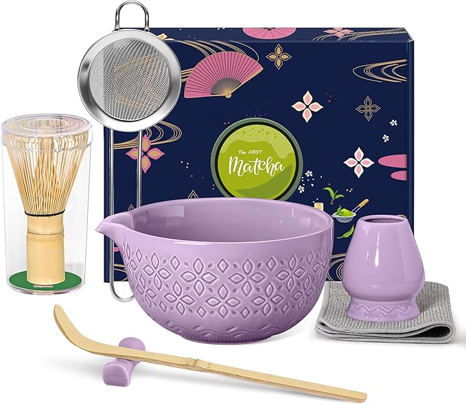 Matcha Whisk Set Matcha Kit - 7 Pcs Japanese Tea Set Includes Matcha Bowl with Spout,Bamboo Whisk with Ceramic Holder,Bamboo Scoop and Rest,Sifter,Tea Towel, for Ceremony Matcha Lovers Gift,Purple