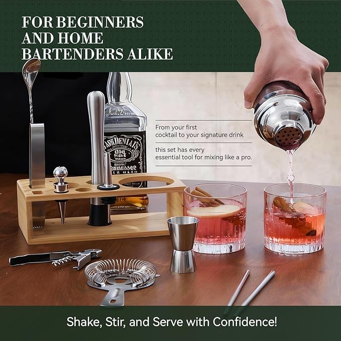 TNGO Cocktail Shaker Set - Mixology Bartender Kit with Sleek Stand - Premium Bar Tool Set All Bar Accessories Includes Martini Shaker Drink Mixer, Muddler, Jigger, Strainer, Bar Mixer Spoon