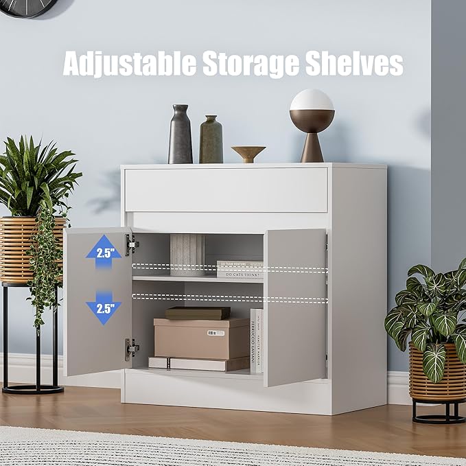 Buffet Cabinet with 2 Doors and Drawer, Coffee Bar Cabinet with Adjustable Shelf, Modern Kitchen Buffet Sideboard for Living Room, Kitchen, White