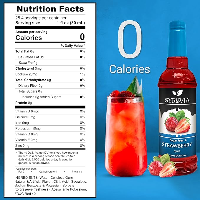Syruvia Sugar-Free Strawberry Syrup, Flavored Syrup for Drinks, Cocktails, Lemonades, Iced Teas, and Desserts – 25.4 fl oz