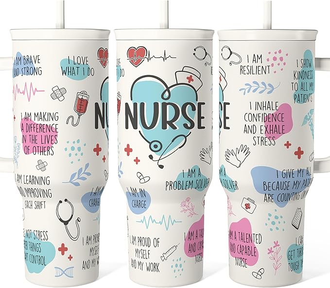 SANDJEST Nurse Tumbler with Handle 40oz, Coffee Travel Mug with Straw, Inspiration Gifts for Women Female Nurses, Nursing Gift for Birthday Christmas Nurse Week