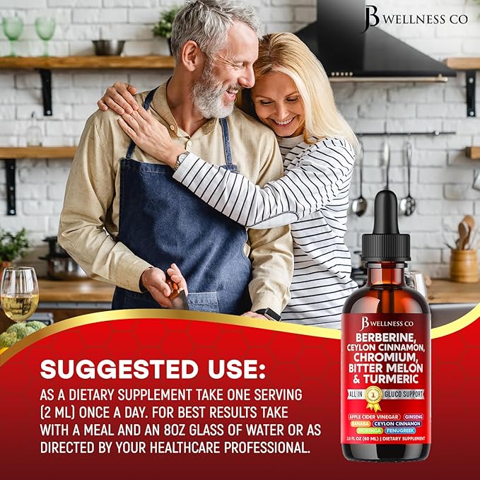 Berberine with Ceylon Cinnamon Supplement Liquid Drops + Bitter Melon Extract, Glucomannan, Gymnema, Chromium, Turmeric, Panax Ginseng, Moringa- 2 OZ