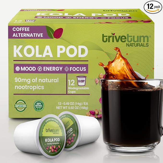 Trivetum Naturals Kola Pods – Low-acid coffee alternative with kola nut + roasted barley for smooth taste, clean energy, focus & natural prebiotic fiber. Keurig compatible, 12 pods.