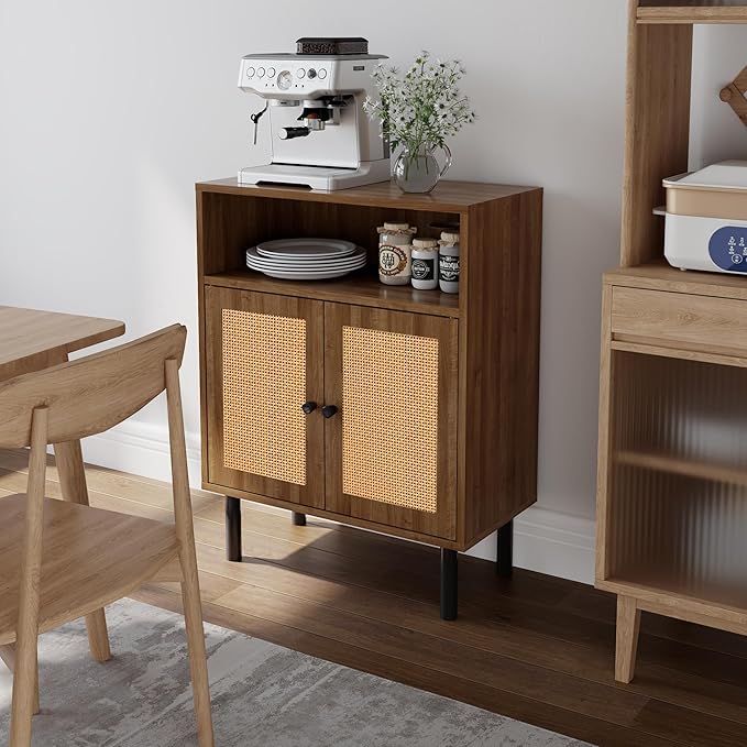 Rattan Storage Cabinet, Boho Accent Cabinet with Double Doors, Small Freestanding Sideboard for Hallway, Laundry Room,Kitchen, Dining Room, Entryway(Walnut)
