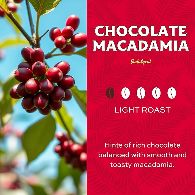 Lion Coffee Chocolate Macadamia Flavored Ground Coffee, Light Roast, Hawaiian Inspired Taste - 24 Ounce Bag