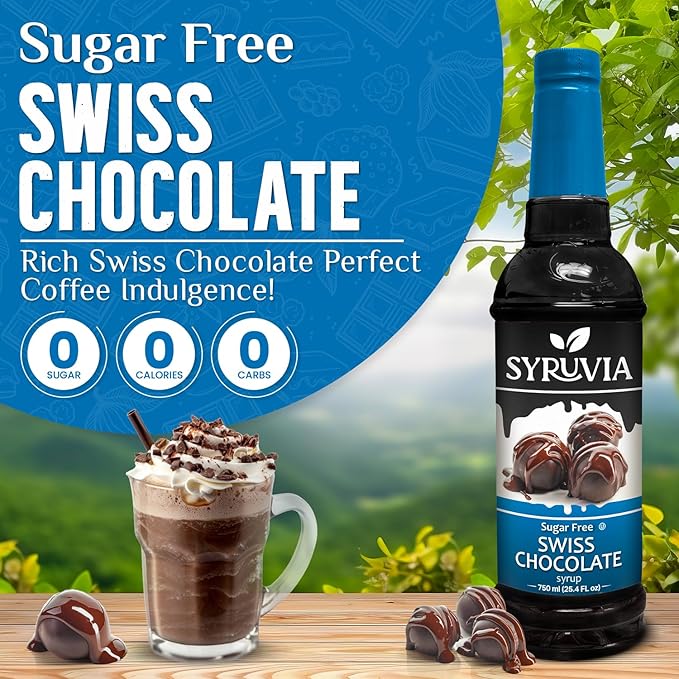 Syruvia Sugar Free Coffee Syrup, Swiss Chocolate Flavored Syrup for Drinks, Lattes, and Desserts – 25.4 fl oz