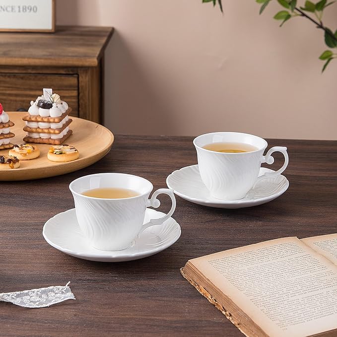 Tea Cups Set Of 4, Tea Cup And Saucer Set,6oz for Tea,Coffee, Latte, Cafe Mocha, Porcelain Tea Party Set (Pure white set of 4)