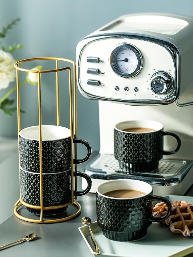 LYEOBOH Stackable Coffee Mugs Set of 4 with Rack & Spoons Coffee Mug Set 13 OZ., Ceramic Embossed Grinding Demitasse Cups Set Cappuccino Cup Halloween for Coffee, Latte, Macchiato, Espresso, Black