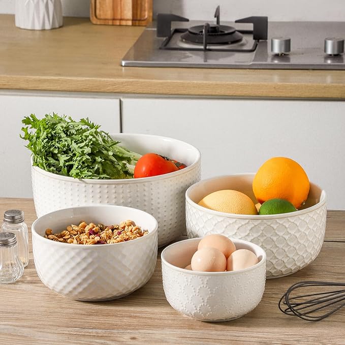 Ceramic Mixing Bowls, 27/53/84/162 oz, set of 4, Embossed large Mixing Bowl set, Serving bowls, Kitchen Dishware, Prep, Gift, Microwave and Dishwasher Safe, Modern Farmhouse Decor