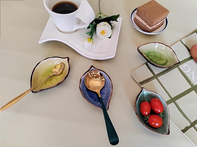 Coffee Spoon and Rest for Coffee Bar Accessories, Leaf Small Spoon Rest for Coffee Station, Tea Spoon Rest Tea Spoon Holder Teaspoon Rest, 1 PC (Ice Cracks Sapphire with Gold Rose Spoon)