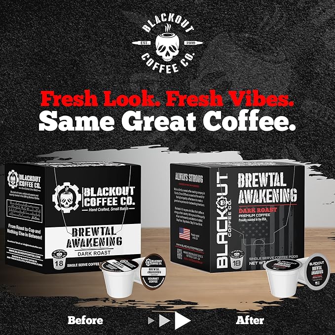 Blackout Coffee Brewtal Awakening Dark Roast Coffee – HIGH CAFFEINE, Bold & Strong, Fuel Your Mission – 18 Count Coffee Pods