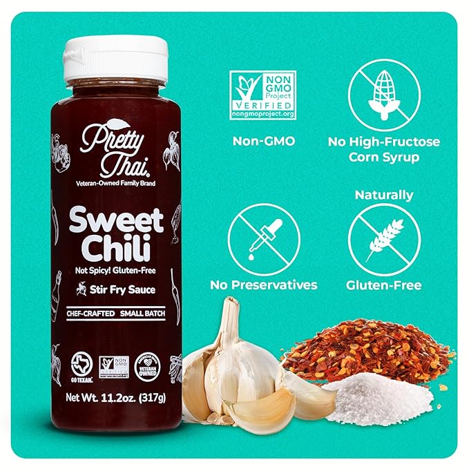 Pretty Thai Sweet Chili Sauce, Gluten Free Certified Non-GMO Authentic Vegan Stir Fry, BBQ Condiment, Dipping Sauce, Rice Seasoning, 100% Natural (Pack of 2)