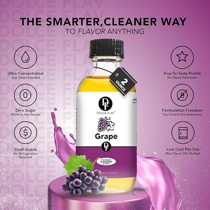 Dolce Flav Grape Extract 8 oz – Kosher, Sugar-Free, Concentrated Fruit Flavor for Candy, Chocolates & Desserts, Includes Measured Dropper