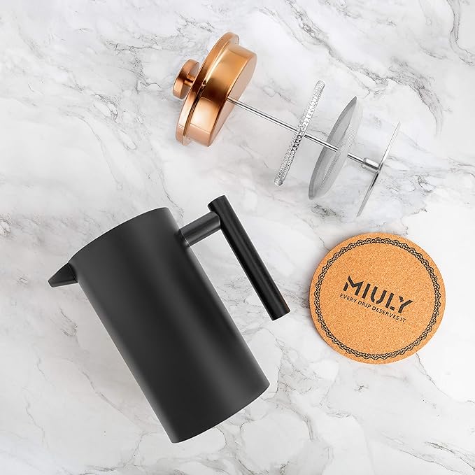 Miuly French Press Coffee Maker 34OZ, 8 Cup Stainless Steel French Press, Double-Walled Insulated Coffee Press for Home and Office, With 2 Extra Filter and Coaster Mat (1000ML, Black)