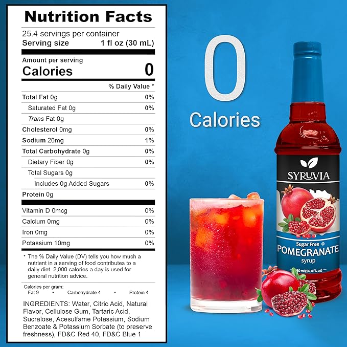 Syruvia Sugar-Free Pomegranate Syrup - 25.4 fl oz. Premium Flavoring Syrup. 0 Calories, Kosher, and Gluten-Free. Ideal for Enhancing Tea, Italian Sodas, Beverages, Desserts, Ice Cream, Cocktails, and Mocktails.