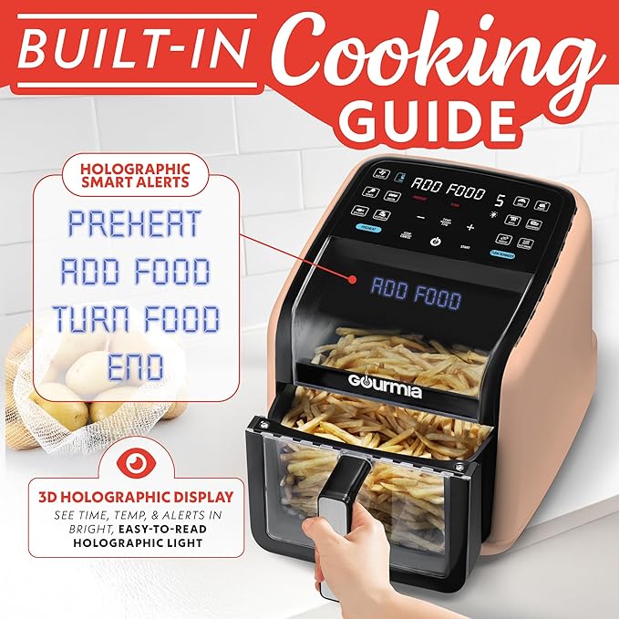 Gourmia Air Fryer 7 QT - Easy View Panoramic Window & Interior Light, Guided Cooking with 12 One-Touch Presets, FryForce 360, Dishwasher Safe Accessories, Peach