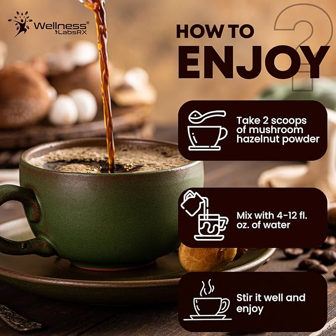 Mushroom Hazelnut Powder with Reishi 10:1 Extract, Hot Cocoa Powder Caffeine-Free Mushroom Coffee Alternative - Adaptogenic Superfood Drink for Focus, Relaxation, and Mood Support - 30 Servings