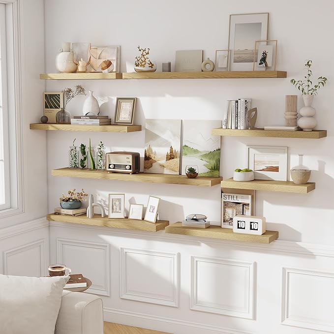 Floating Shelves for Wall, 24 Inch Floating Shelves Set of 2, Wall Mounted Rustic Wood Shelf for Bathroom, Living Room, Bedroom and Kitchen, Hanging Shelf for Storage, Books, Home Decor, Oak