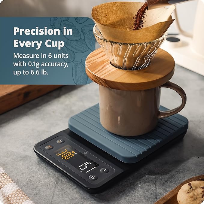 Greater Goods Digital Coffee Scale with Timer – Accurate 0.1g Precision, Multi-Color Display, Waterproof & Heat-Resistant Cover, for Pour-Over, Espresso, French Press, and Kitchen Use (Stone Blue)
