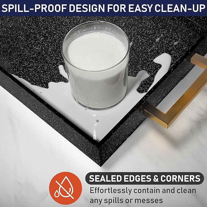Acrylic Serving Tray with Gold Handles, 16" x 12" Decorative Tray for Coffee Table, Spill-Proof Food and Drink Server. Multipurpose for Ottoman, Kitchen, Vanity, Countertop, Party Use (Black Glitter)