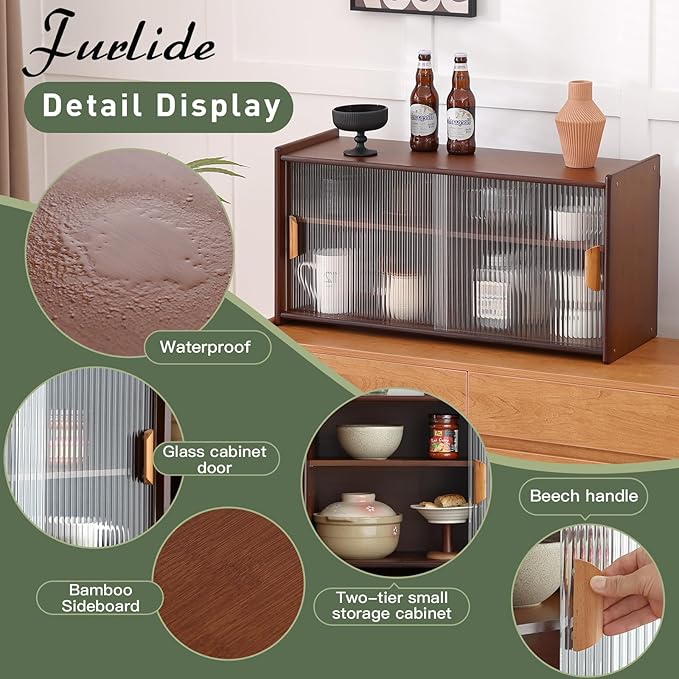 Wall Mounted Bamboo Countertop Storage Cabinet with Glass Door, Hanging Kitchen Cupboard with Adjustable Shelves, Small Pantry Sideboard for Dining Room, Bathroom, Walnut