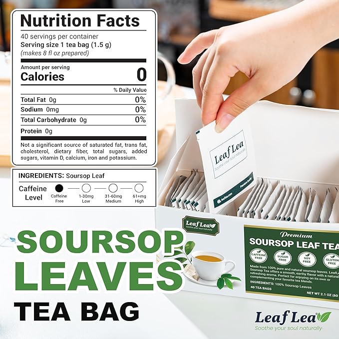LeafLea 40 Premium Soursop Leaf Tea Bags, Pure & Natural Sour Sop Leaves, Graviola Leaves Tea, Hoja Guanabana Tea, Natural Digestion Support Herbal Tea Bags, Nutrient-Rich, No Sugar, No Caffeine