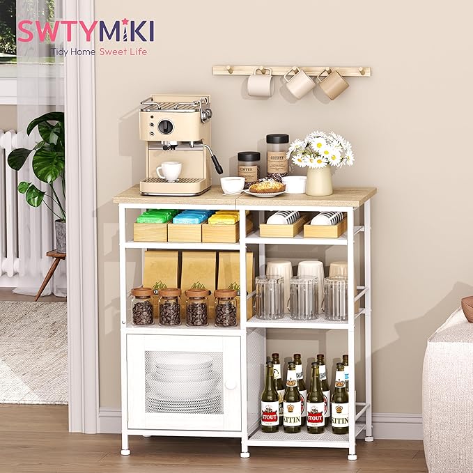 SWTYMIKI Coffee Bar Cabinet Station - Farmhouse Small Coffee Stand Station with Doors, Rustic Storage Organizer for Kitchen, Buffet Sideboard Cabinet Table for Home, Office, Corner, Bar, White