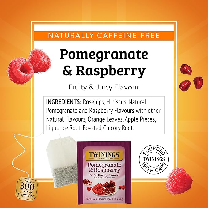 Twinings Pomegranate & Raspberry Herbal Tea Individually Wrapped Bags, 20 Count (Pack of 1), Naturally Caffeine-Free, Enjoy Hot or Iced, 20 Teabags