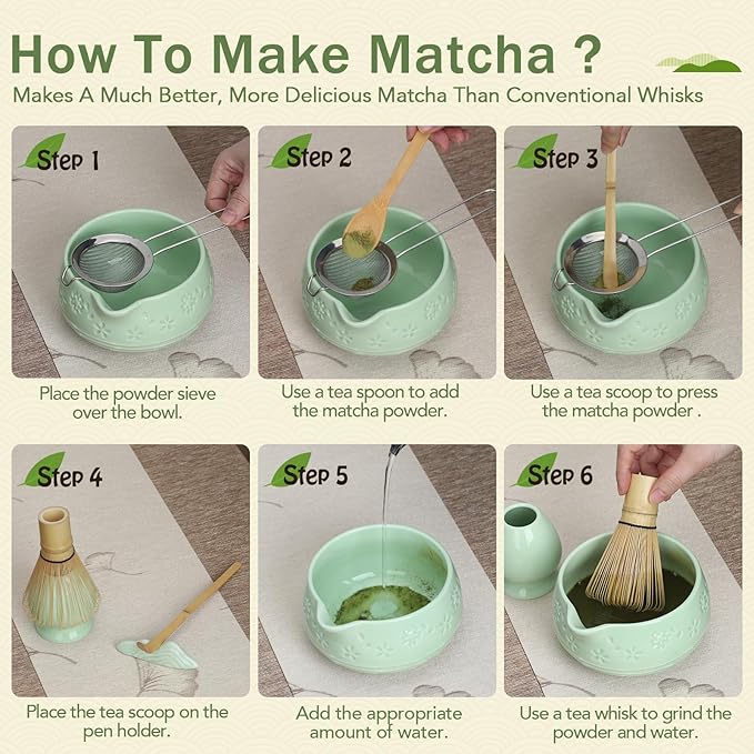 Matcha Whisk Set, Ceramic Bowl with Spout, Bamboo Matcha Whisk & Spoon, Chasen Holder, Scoop Rest, Sifter, 8-Pcs Japanese Ceremony Matcha Powder Kit–Christmas Gift for Women-Mint