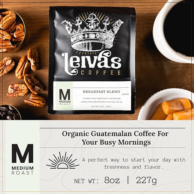 Leiva’s Breakfast Blend Medium Roast Coffee (8oz), Roasted to Order, Small Batch Guatemalan Beans – Organic Single Origin Coffee Ground - Low Acidity Medium Roast for Drip & French Press Brews