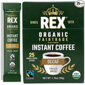 Rex Coffee Organic Fairtrade Decaf Freeze-Dried Instant Sticks – Naturally Decaffeinated Arabica, 25 Single-Serve Packs, Mountain Water Process