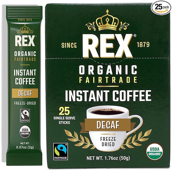 Rex Coffee Organic Fairtrade Decaf Freeze-Dried Instant Sticks – Naturally Decaffeinated Arabica, 25 Single-Serve Packs, Mountain Water Process