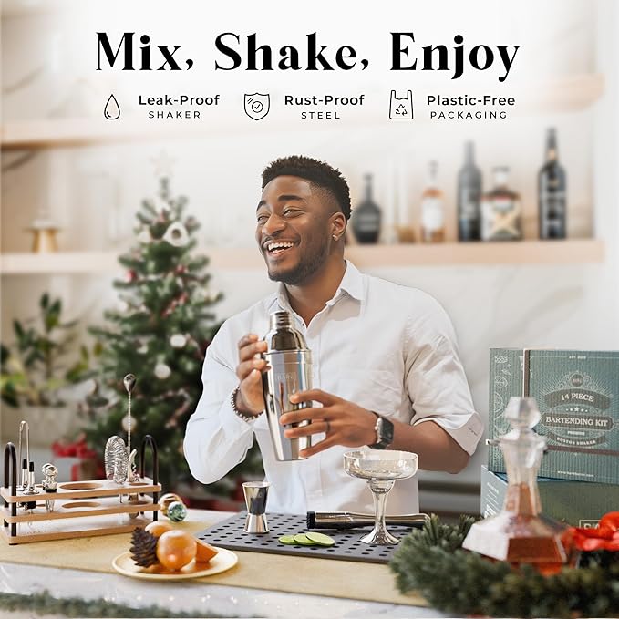 BARE BARREL® Mixology Bartender Kit Bar Set | 14-Piece Cocktail Shaker Set | Martini Barware Mixing Tools for Home Bartending | 35 Recipe Cards | Gift Set (24oz Cobbler Shaker, Silver/Natural)