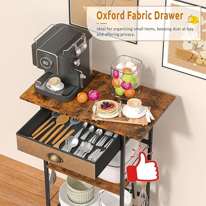 3 Tier-Coffee Bar Stand Station Cart with Storage Drawer, Extended Worktop Coffee Table, Farmhouse Corner Bar Cabinet for Small Spaces, Barkers Rack Home Bar for Entryway, Living Room